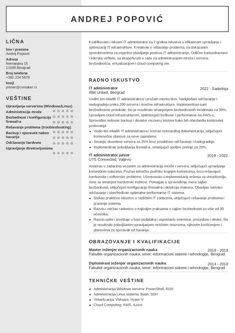 Primer CV-ja za IT administratora
