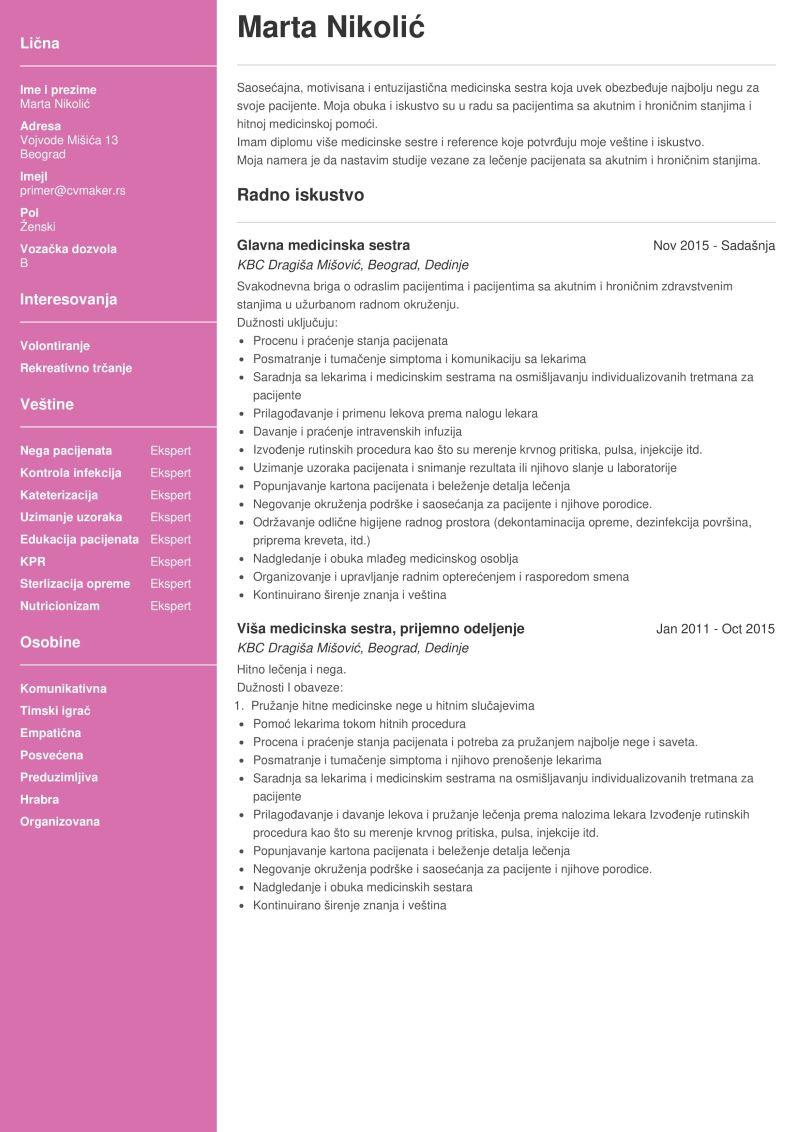 CV Primer medicinska sestra 1/2