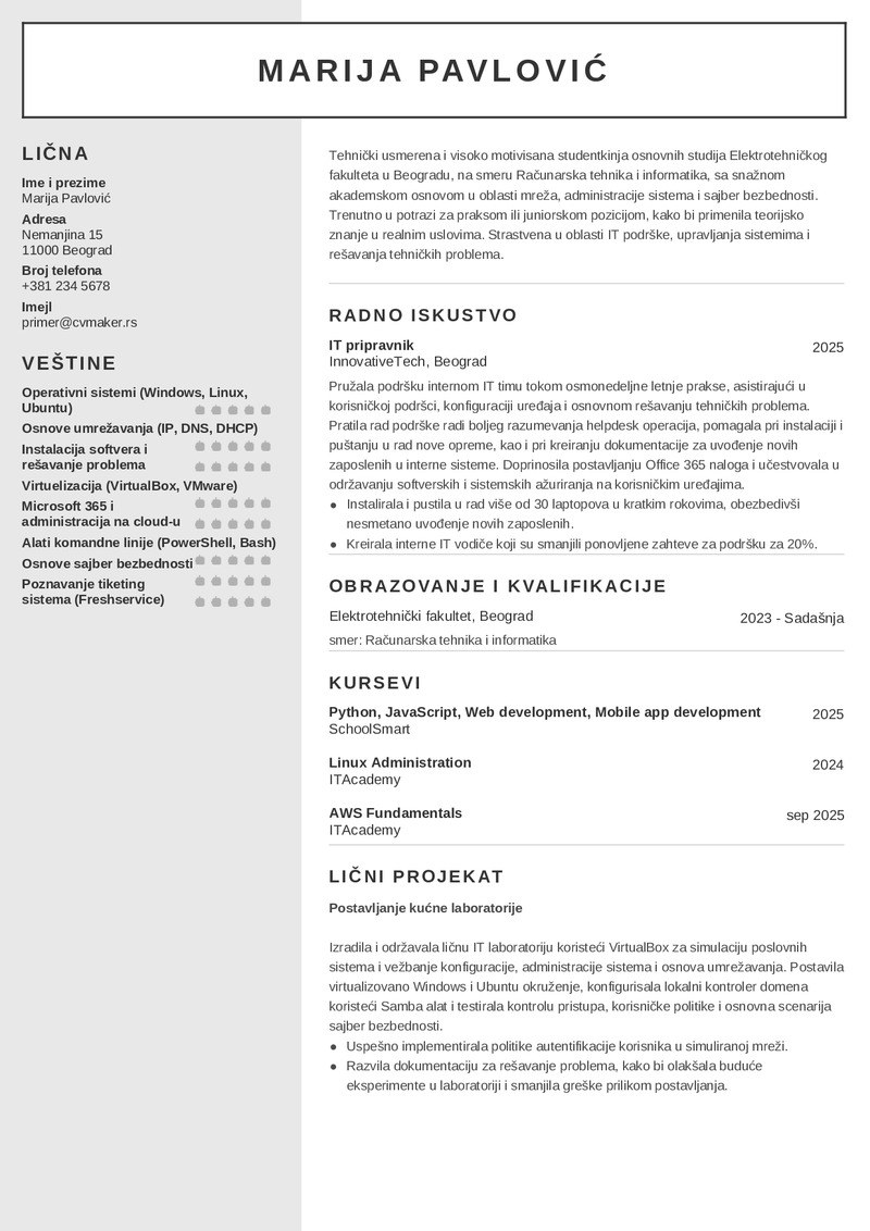 Primer CV-ja za IT profesionalca bez radnog iskustva