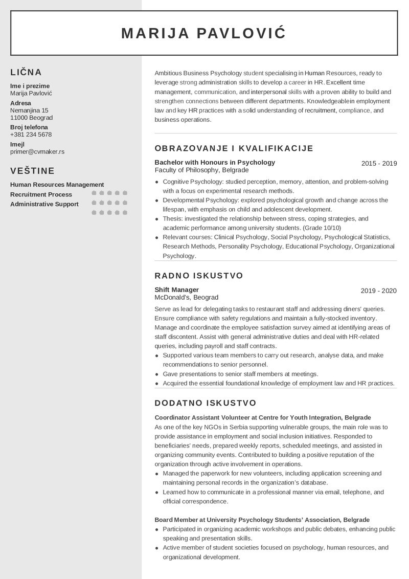 Primer CV-ja na engleskom Primer CV-ja na engleskom