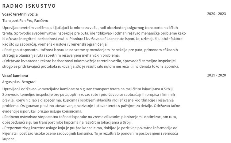 CV vozača – radno iskustvo