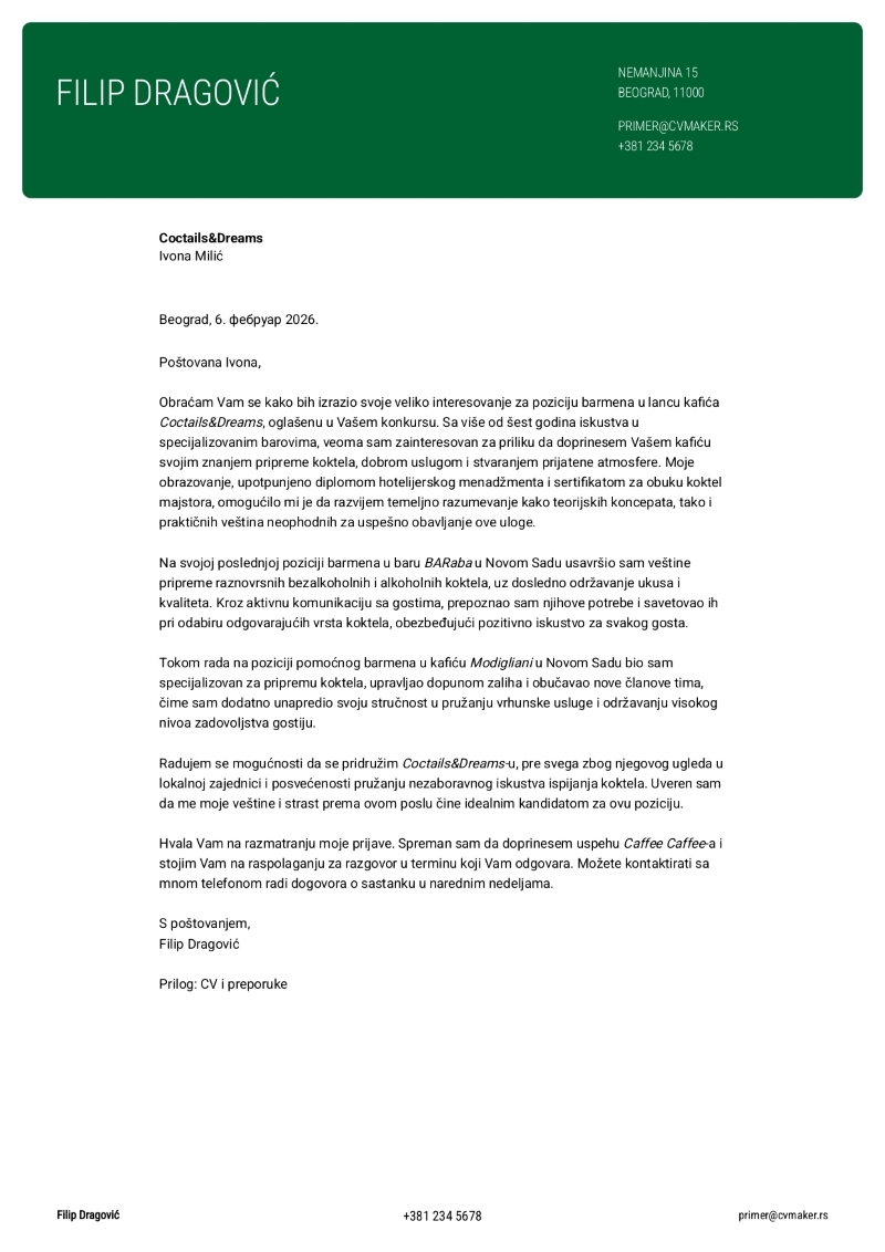 Primer kratkog propratnog pisma za baristu