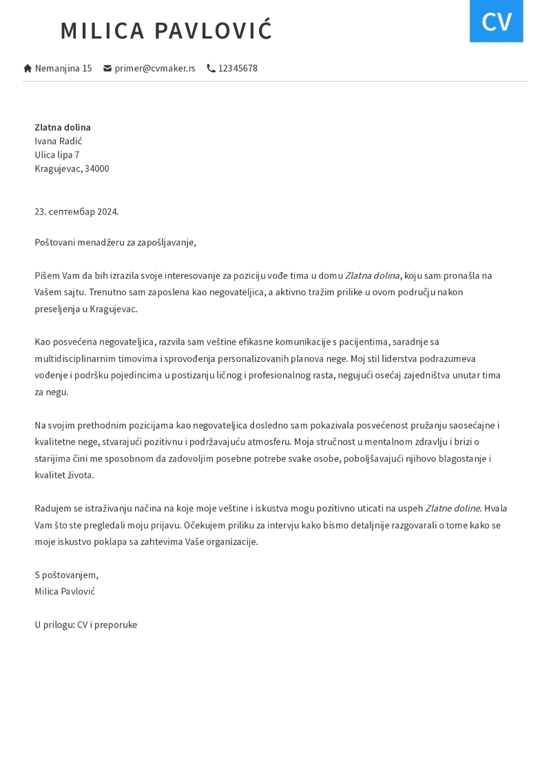 Primer kratkog propratnog pisma za negovateljicu