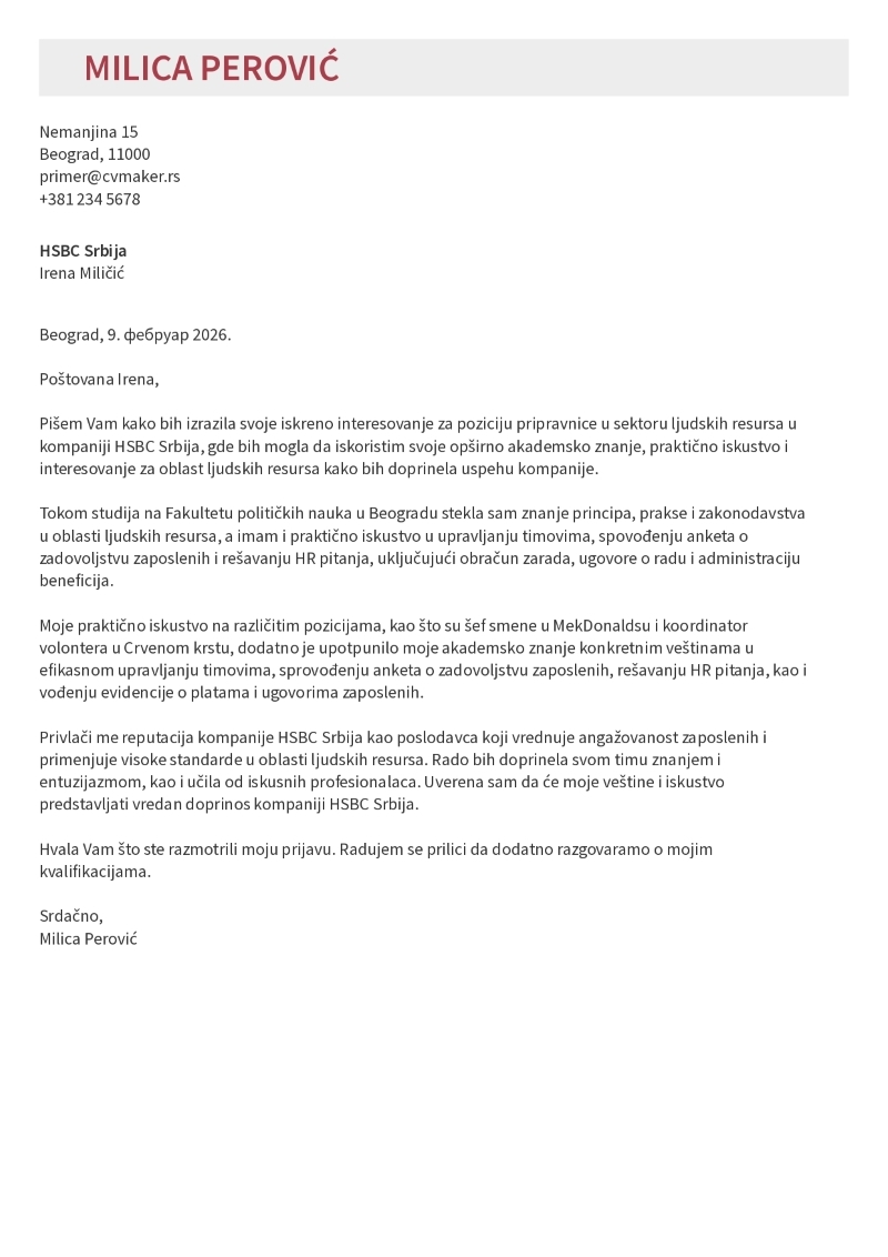 Primer kratkog propratnog pisma za studenta