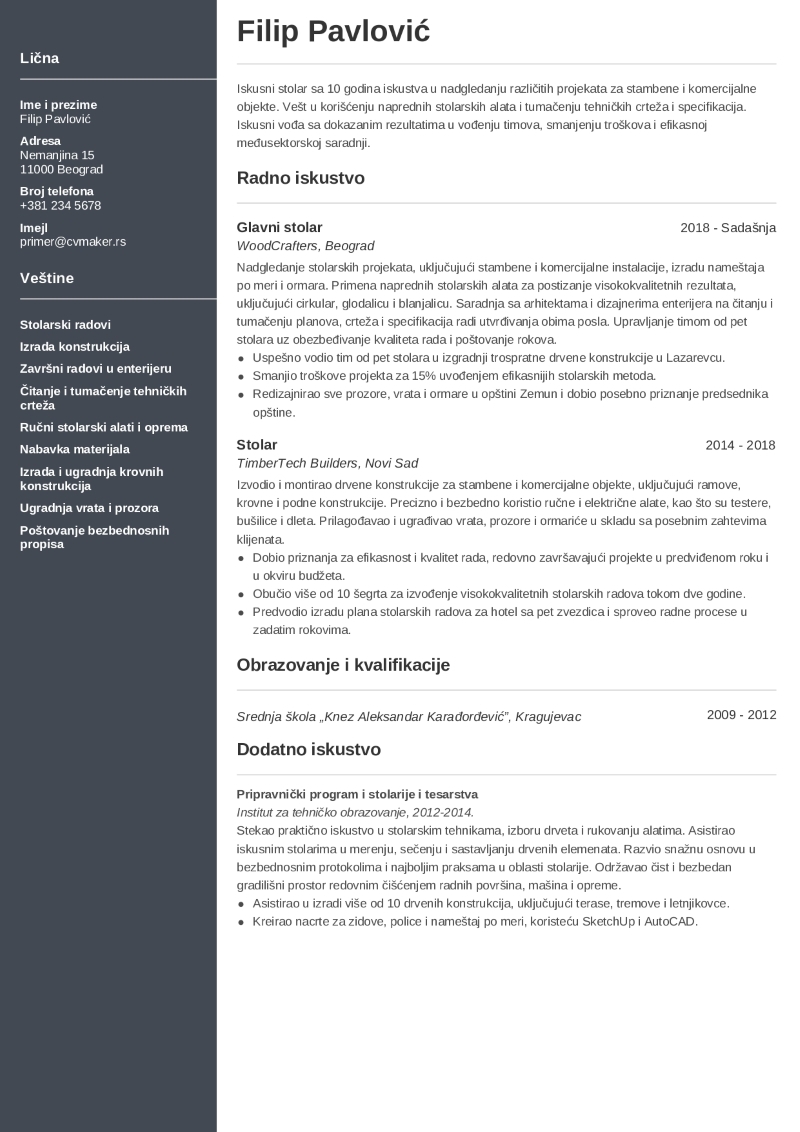 CV za stolara - primer CV za stolara - primer