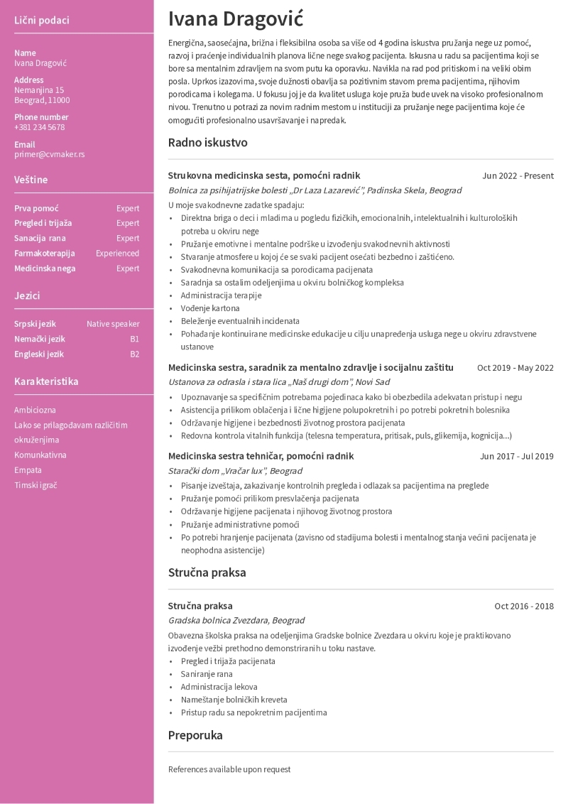 Primer CV-ja za medicinksu sestru