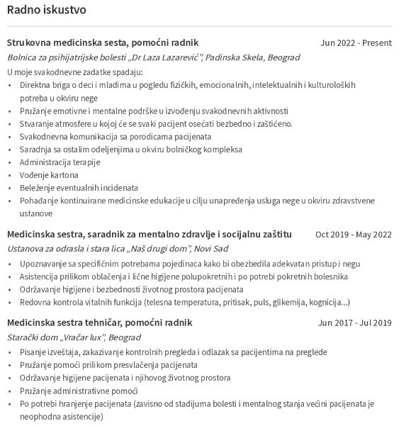 radno iskustvo u cv-ju medicinske sestre