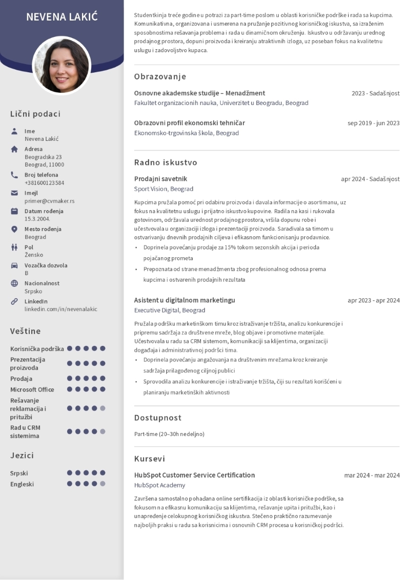 Primer CV-ja za part-time posao Primer CV-ja za part-time posao