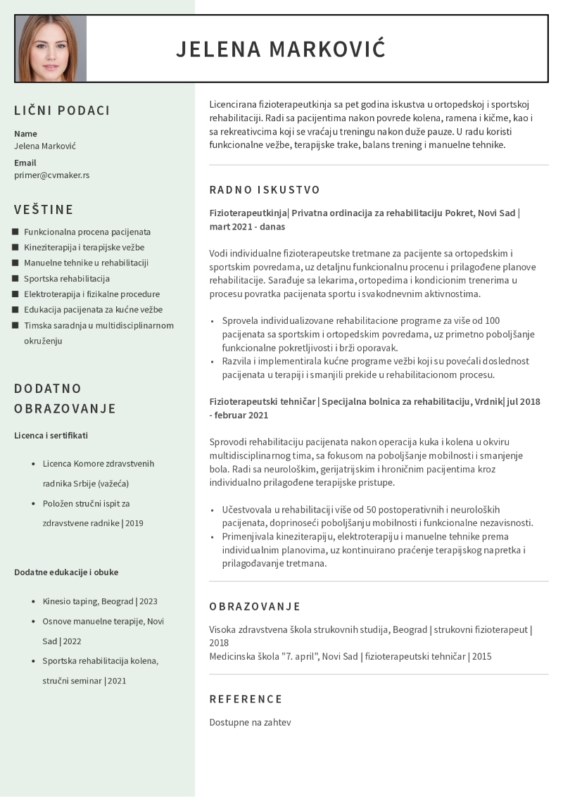 CV primer za fizioterapeuta