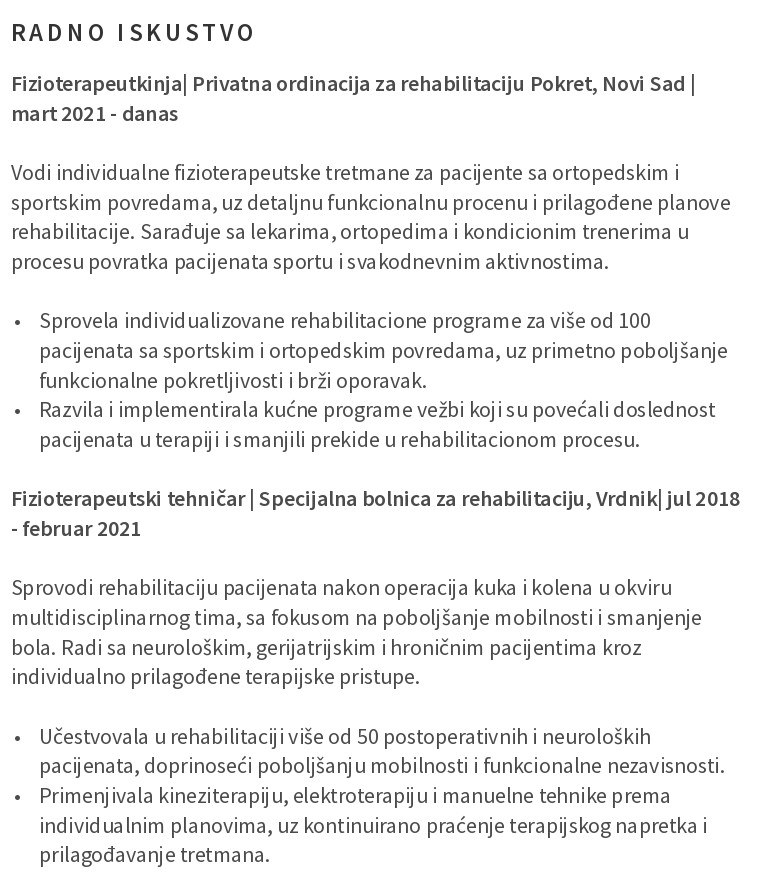 radno iskustvo u cv-ju fizioterapeuta