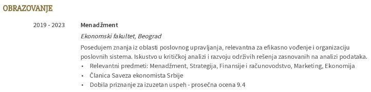 obrazovanje u cv-ju za praksu