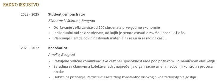 radno iskustvo u cv-ju za praksu