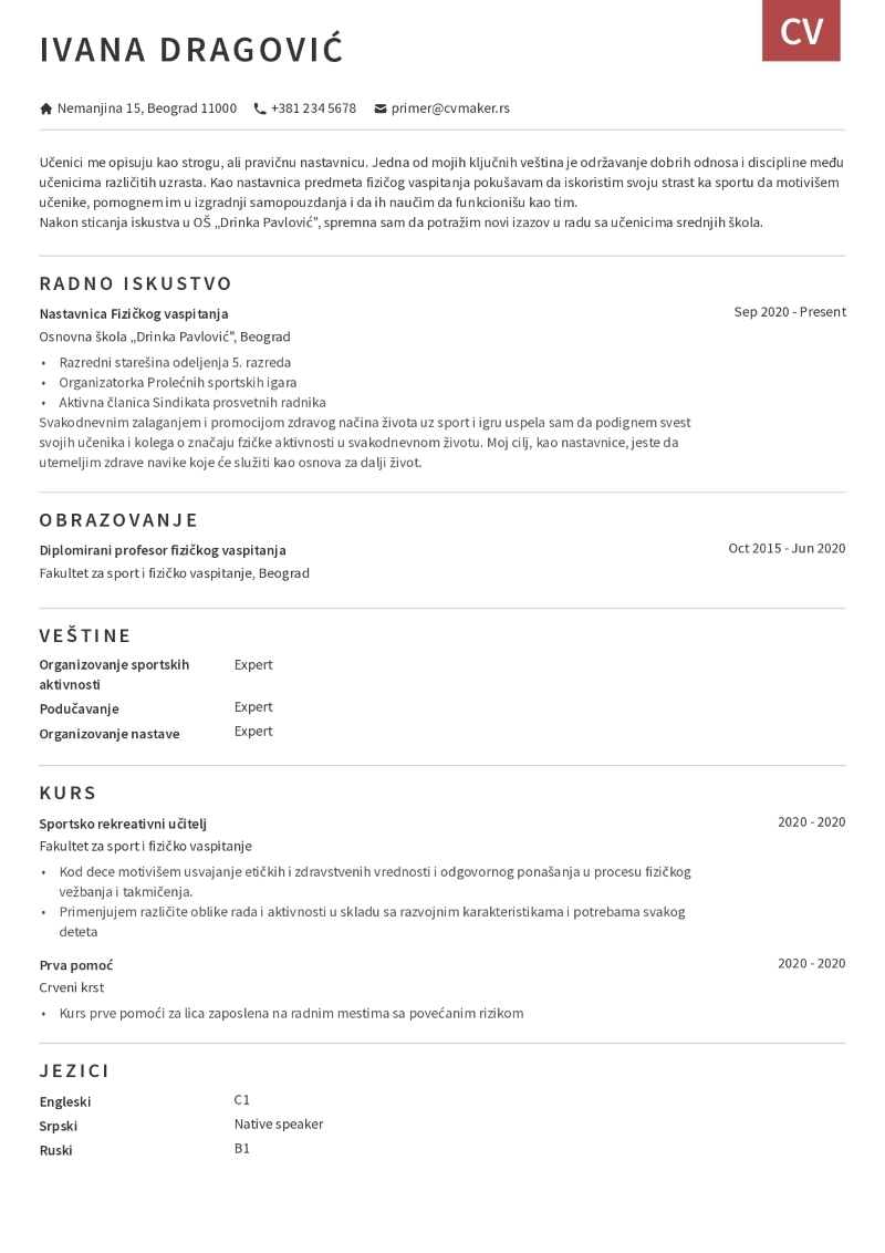 Primer CV-ja za profesore Primer CV-ja za profesore