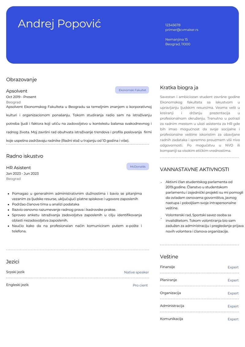 Primer CV-ja za studenta sa malo radnog iskustva