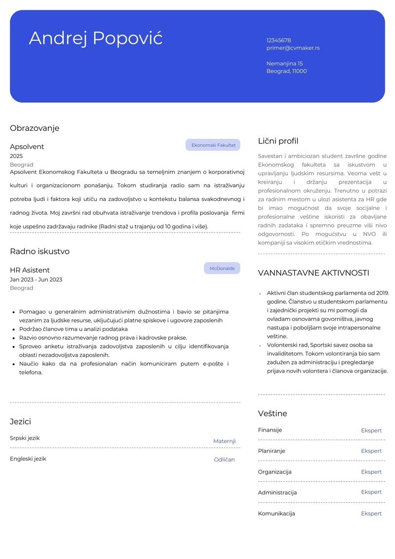 Primer CV-ja za studente
